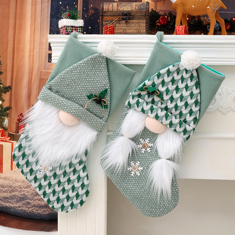Plush Gnome Christmas Stocking With Knit Hat - Green-2