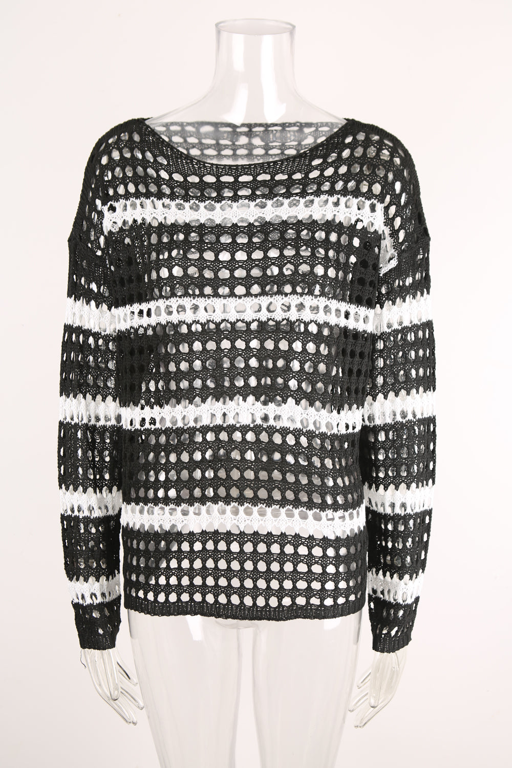 Striped Open Knit Drop Shoulder Cover Up - Black