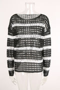Striped Open Knit Drop Shoulder Cover Up - Black