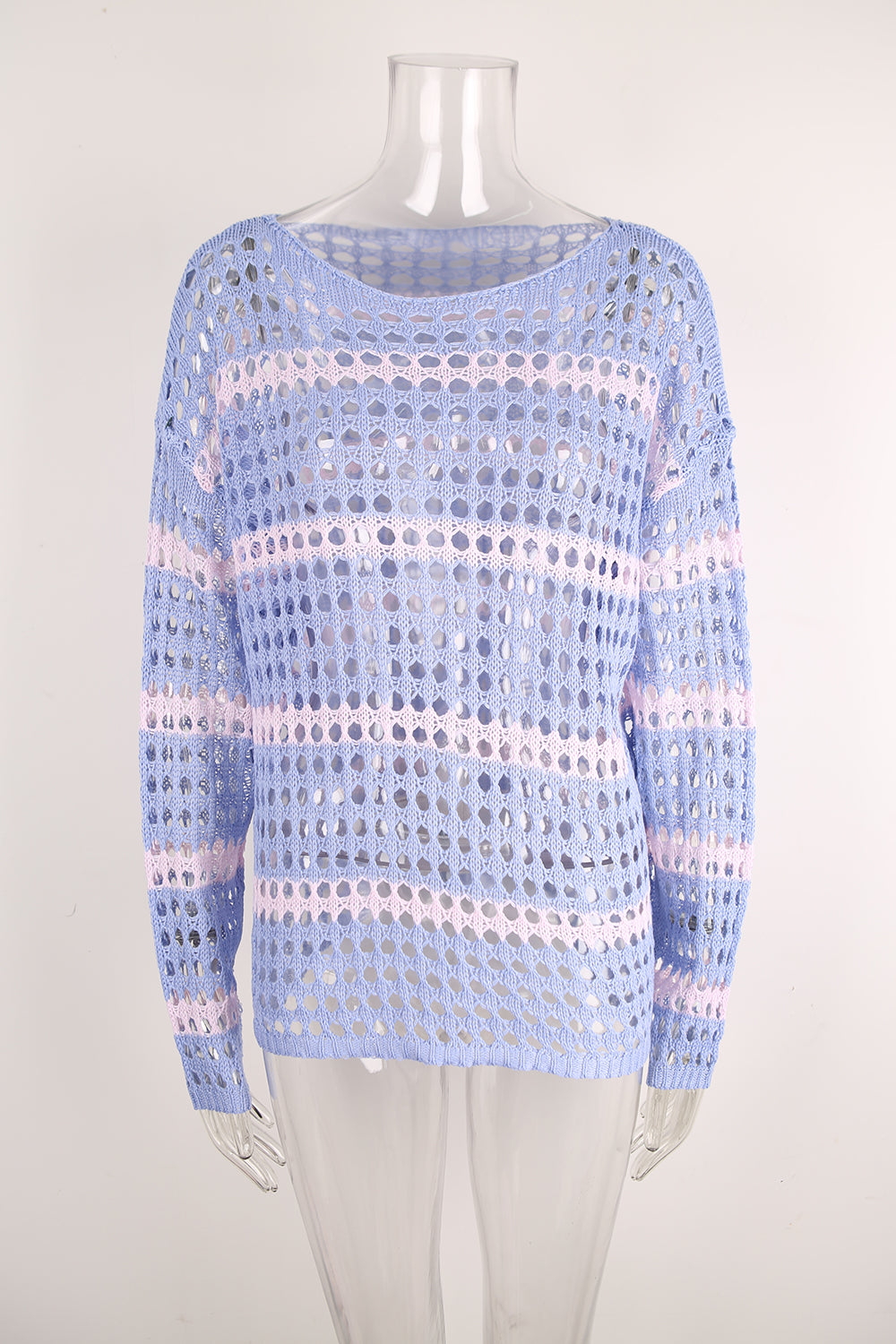 Striped Open Knit Drop Shoulder Cover Up - Blue