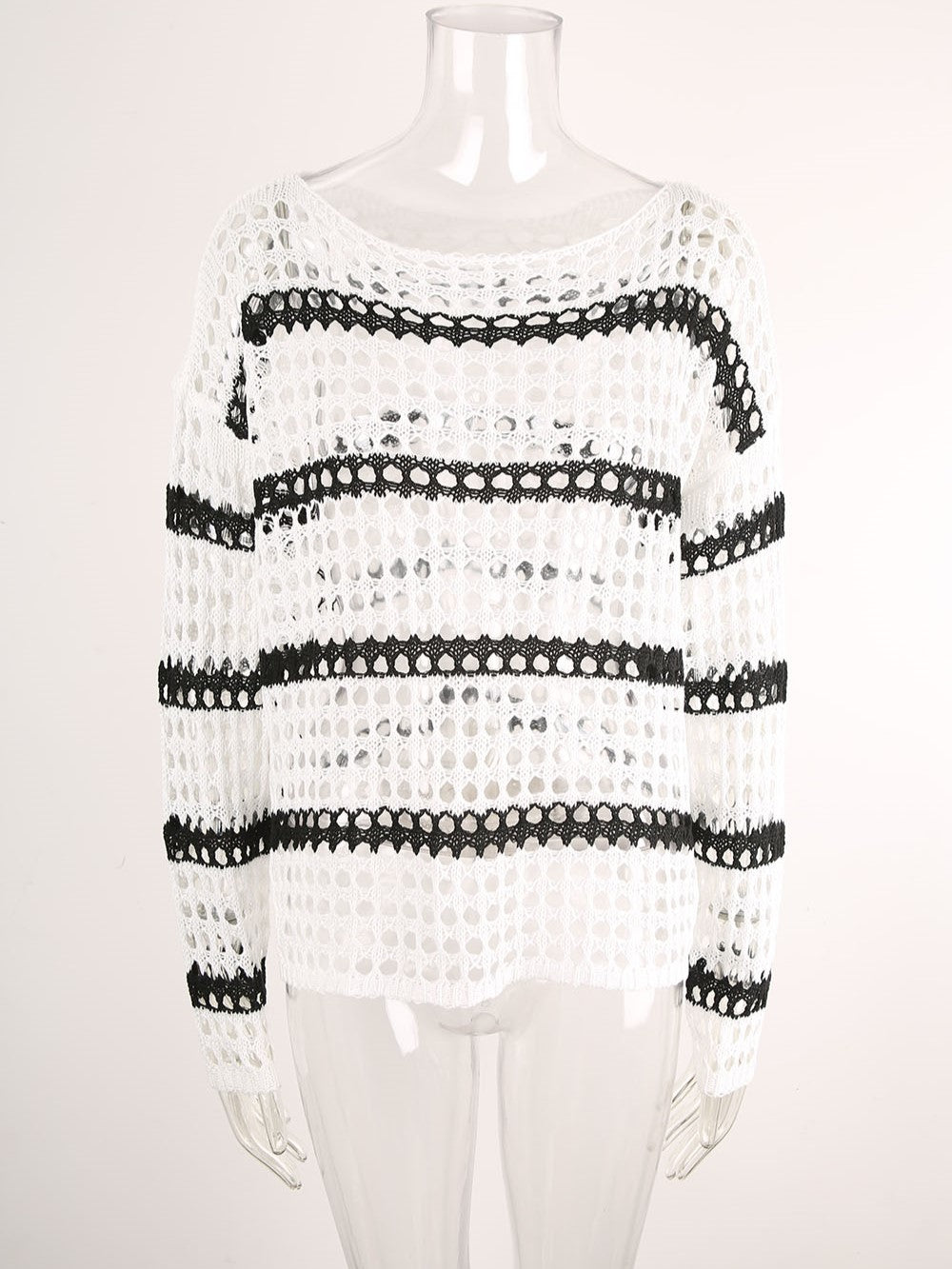 Striped Open Knit Drop Shoulder Cover Up - White - 1
