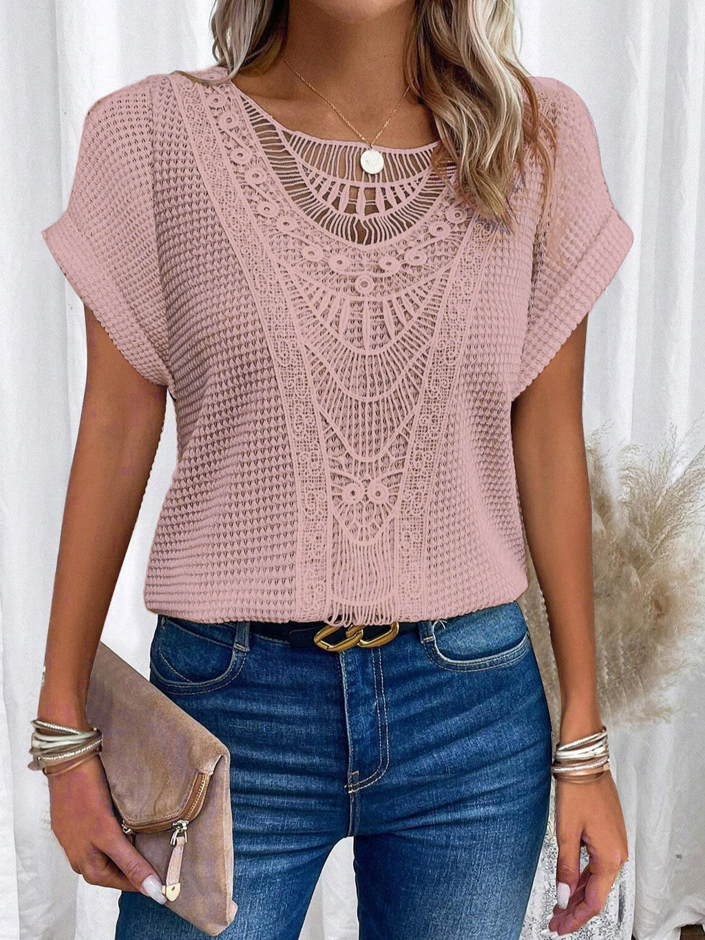 Crochet Lace Panel Waffle Knit Dolman Tee - Pink