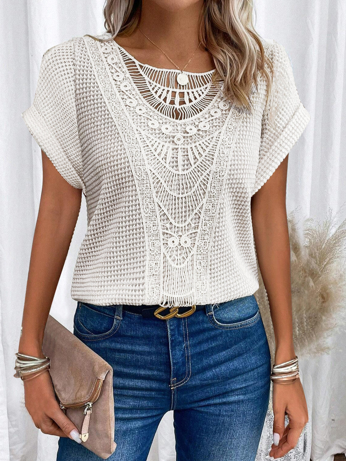 Crochet Lace Panel Waffle Knit Dolman Tee - White