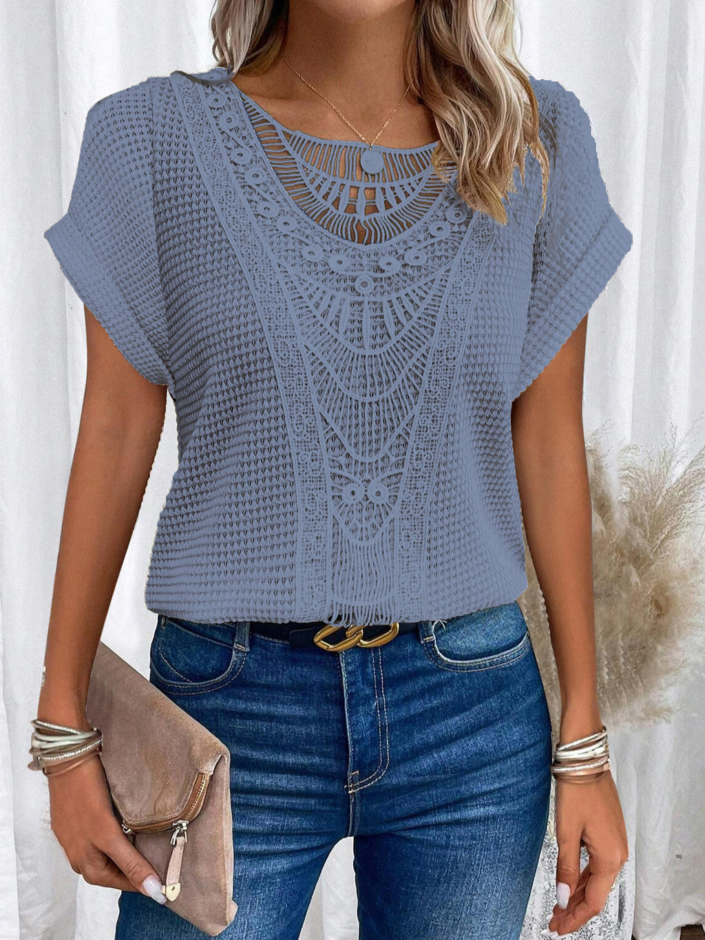 Crochet Lace Panel Waffle Knit Dolman Tee - blue