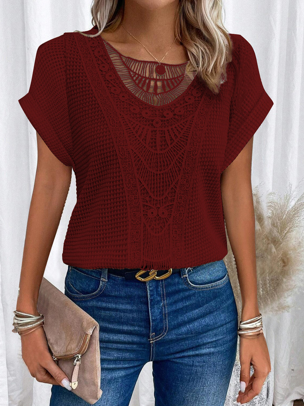 Crochet Lace Panel Waffle Knit Dolman Tee - red