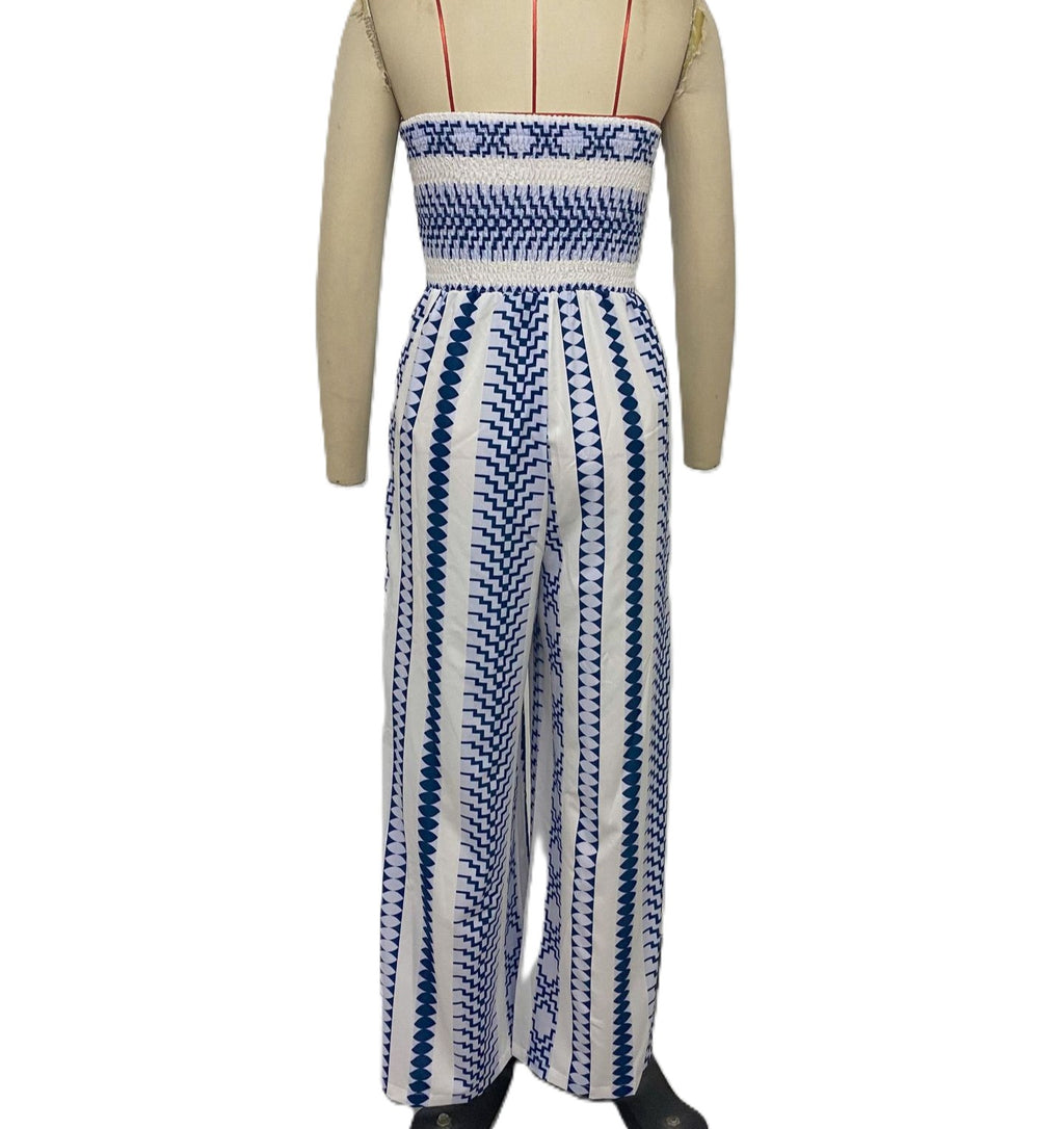 Boho Smocked Bandeau Wide Leg Jumpsuit - Darkblue - 2