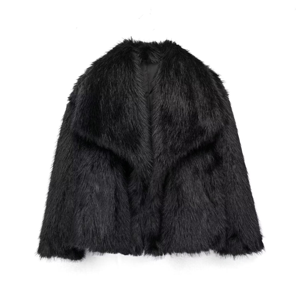 Oversized Lapel Faux Fur Cropped Coat - Black