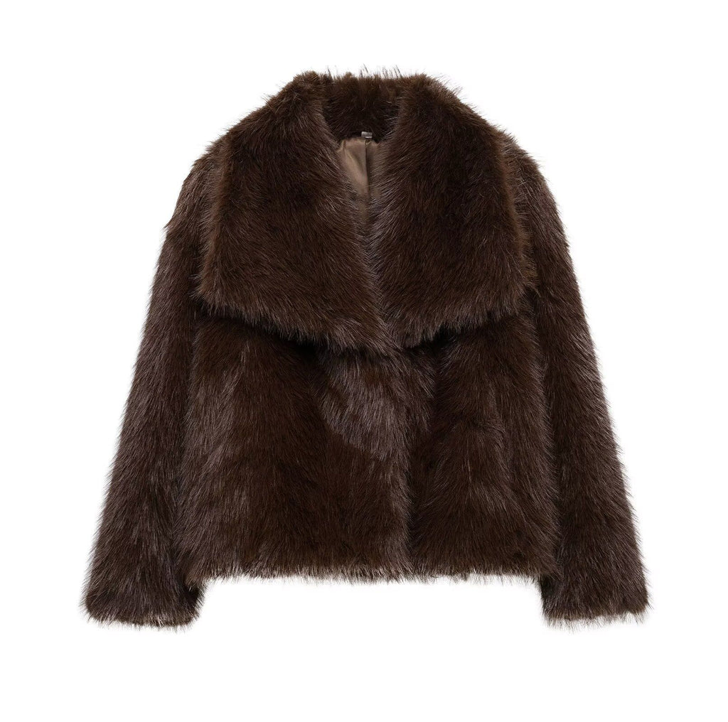 Oversized Lapel Faux Fur Cropped Coat - Chocolat