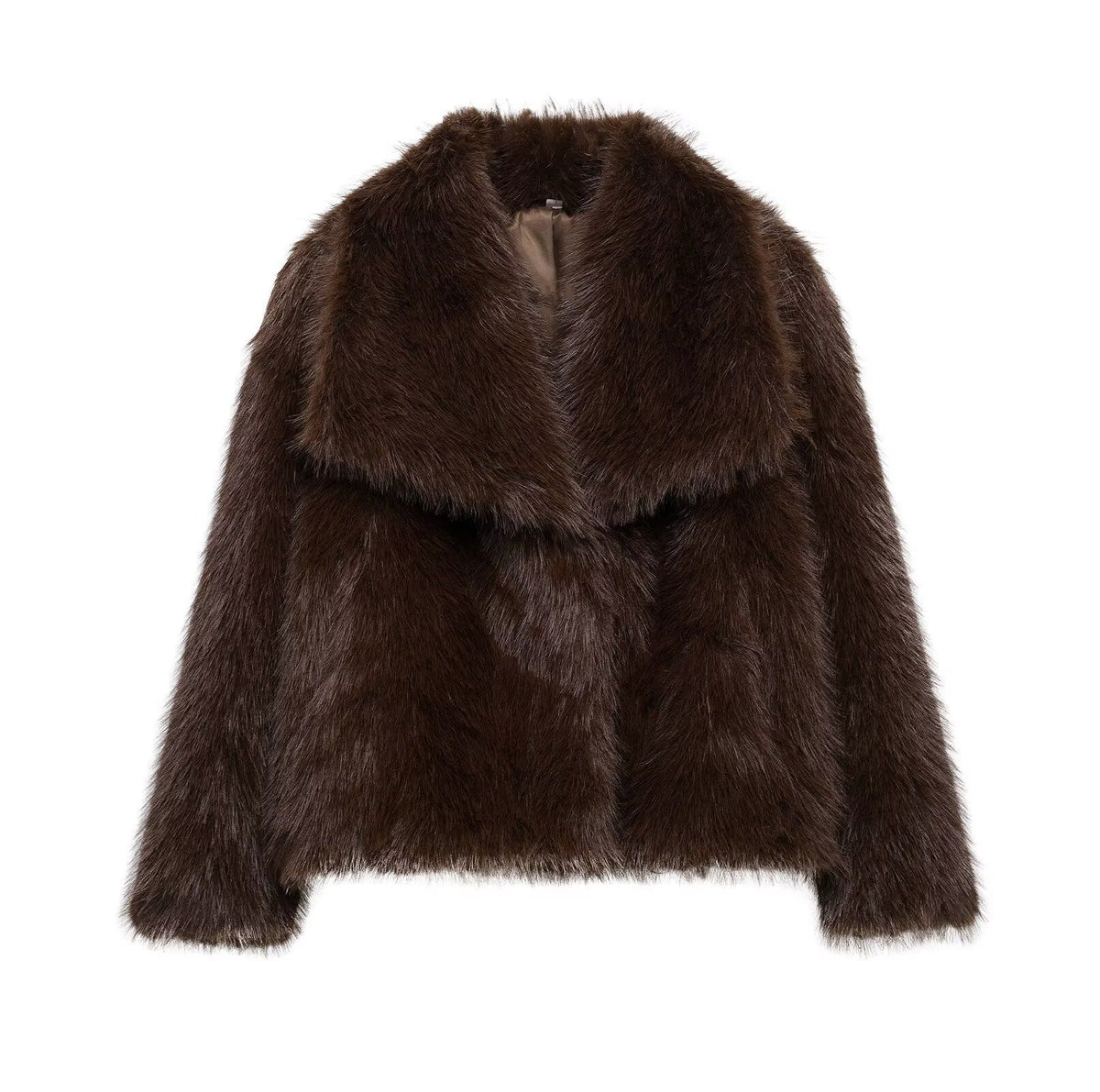 Oversized Lapel Faux Fur Cropped Coat - Chocolat