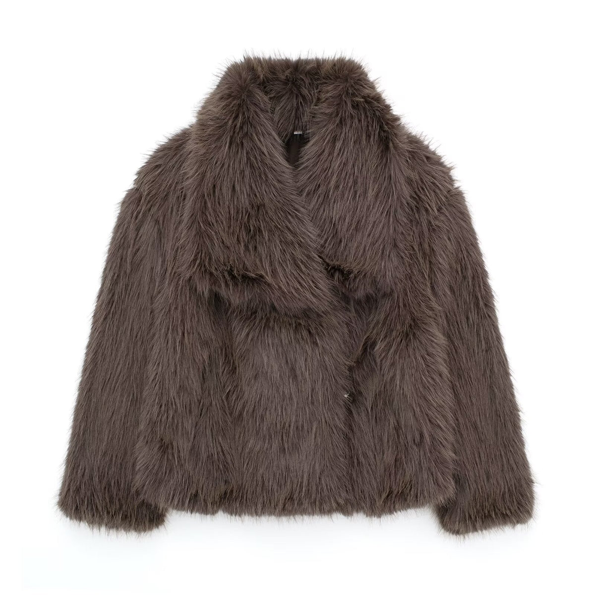 Oversized Lapel Faux Fur Cropped Coat - Coffee