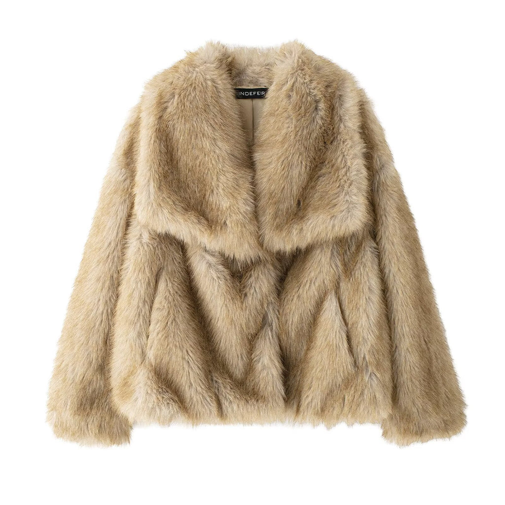 Oversized Lapel Faux Fur Cropped Coat - DKhaki