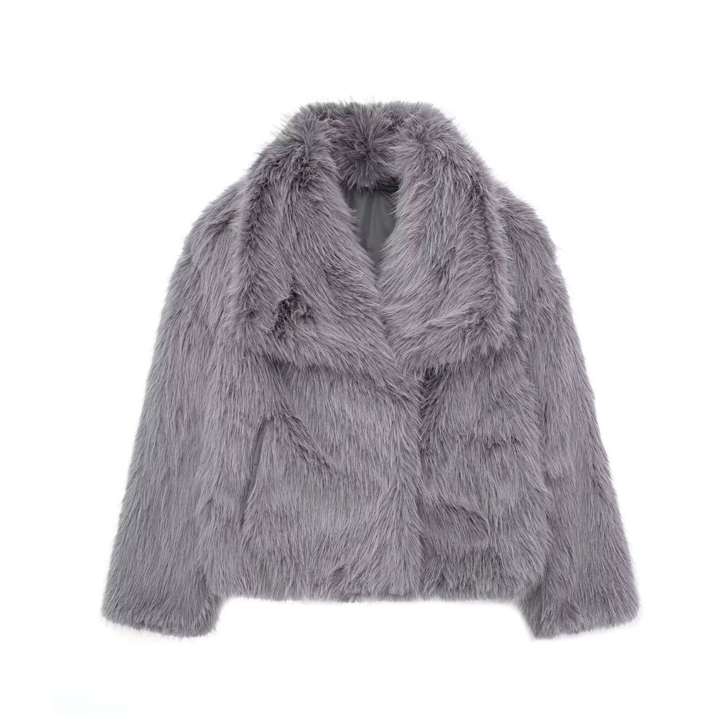Oversized Lapel Faux Fur Cropped Coat - DarkGray