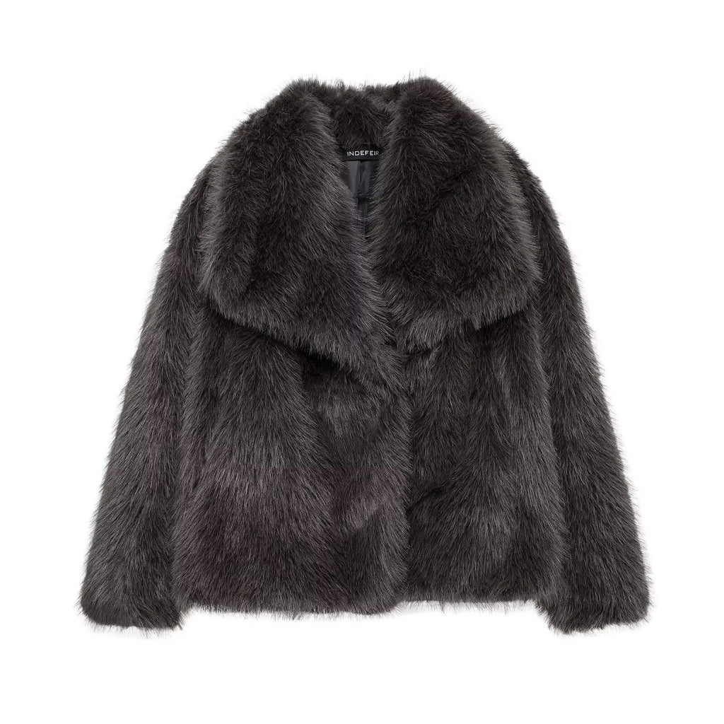 Oversized Lapel Faux Fur Cropped Coat - DeepGray