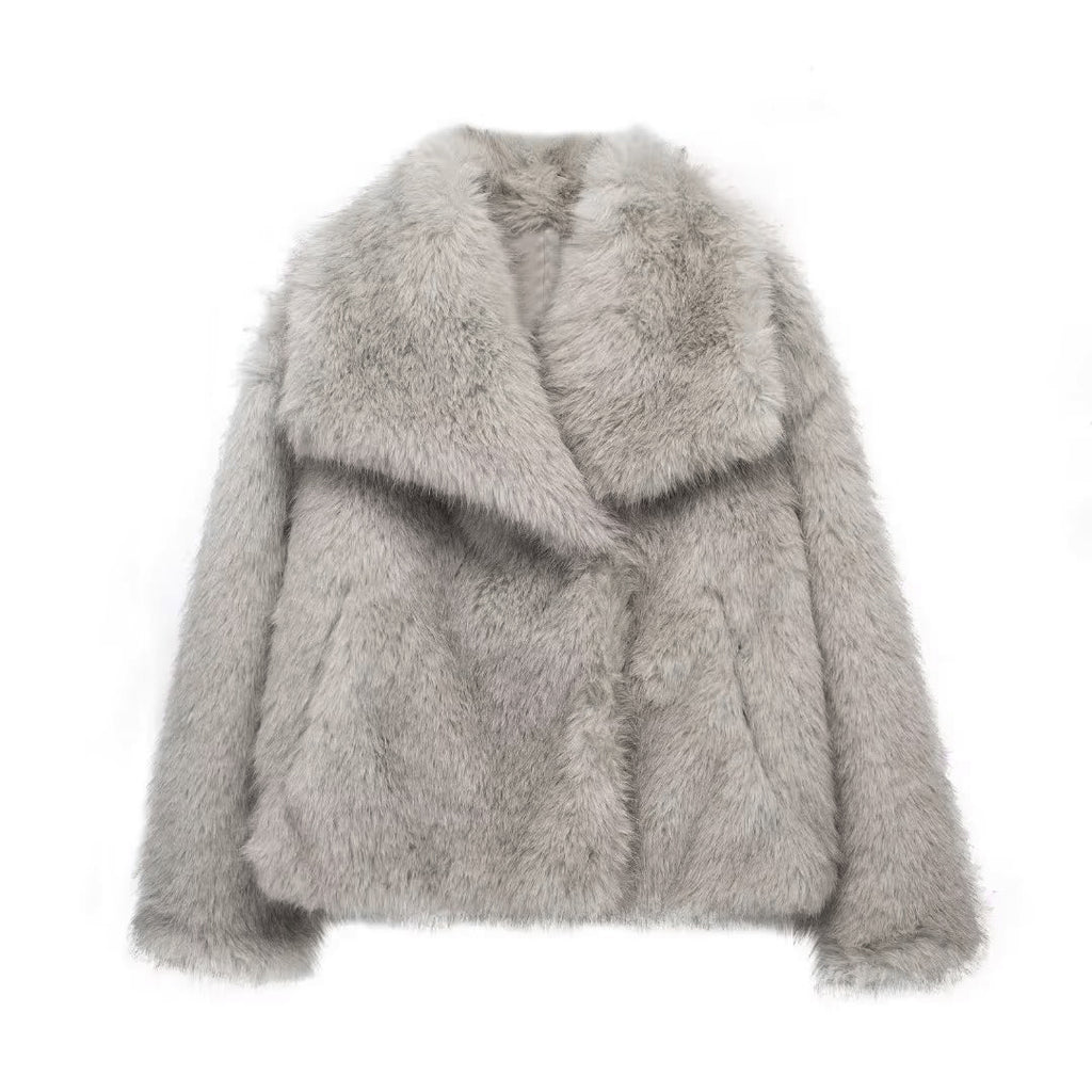 Oversized Lapel Faux Fur Cropped Coat - Gray