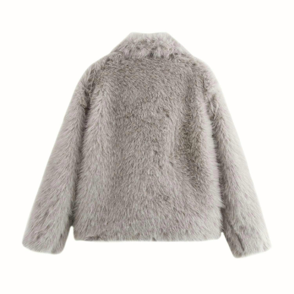 Oversized Lapel Faux Fur Cropped Coat - Gray - 1