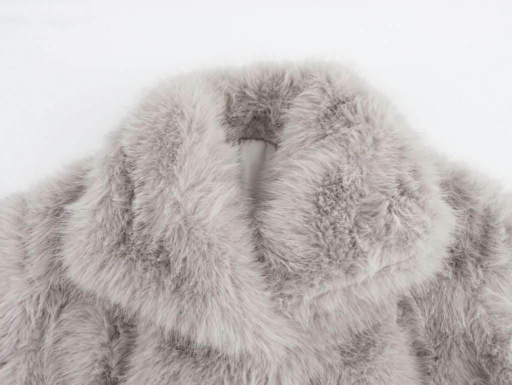 Oversized Lapel Faux Fur Cropped Coat - Gray - 2