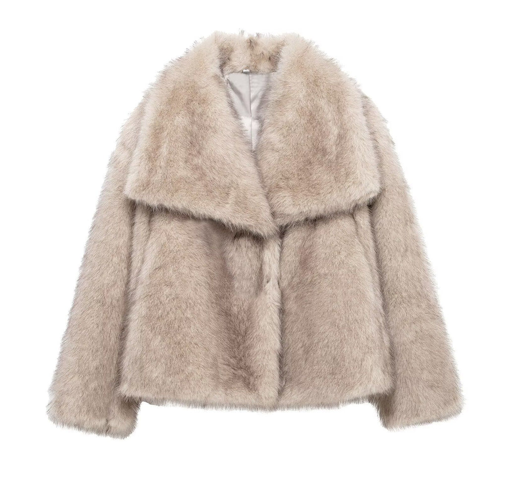 Oversized Lapel Faux Fur Cropped Coat - Khaki