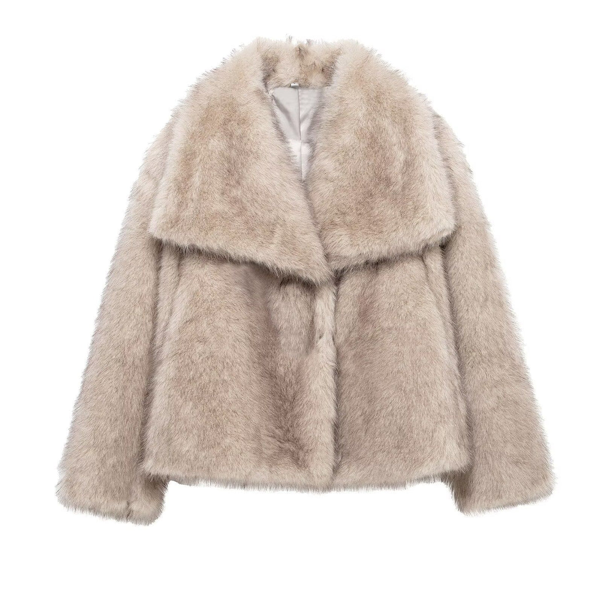 Oversized Lapel Faux Fur Cropped Coat - Khaki