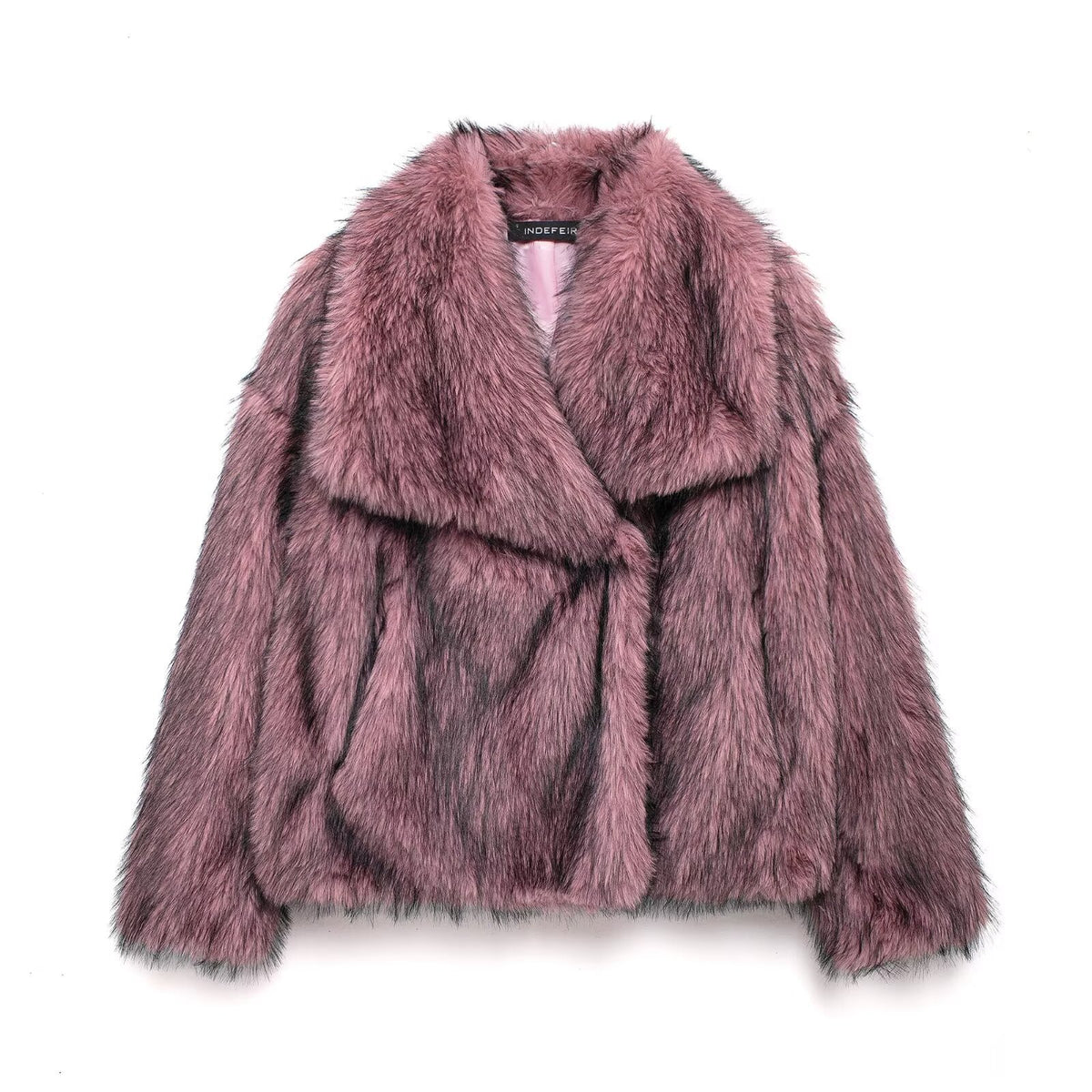 Oversized Lapel Faux Fur Cropped Coat - Rose_red