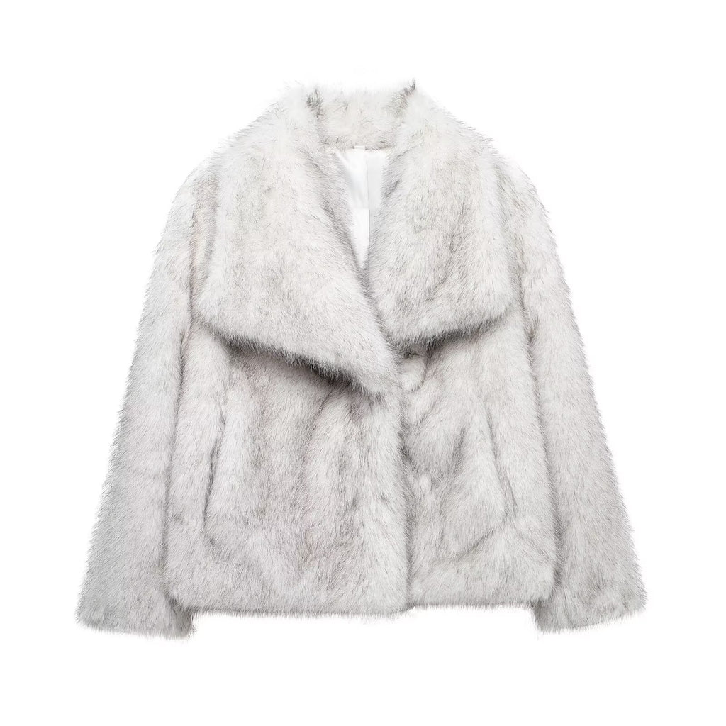 Oversized Lapel Faux Fur Cropped Coat - WGray