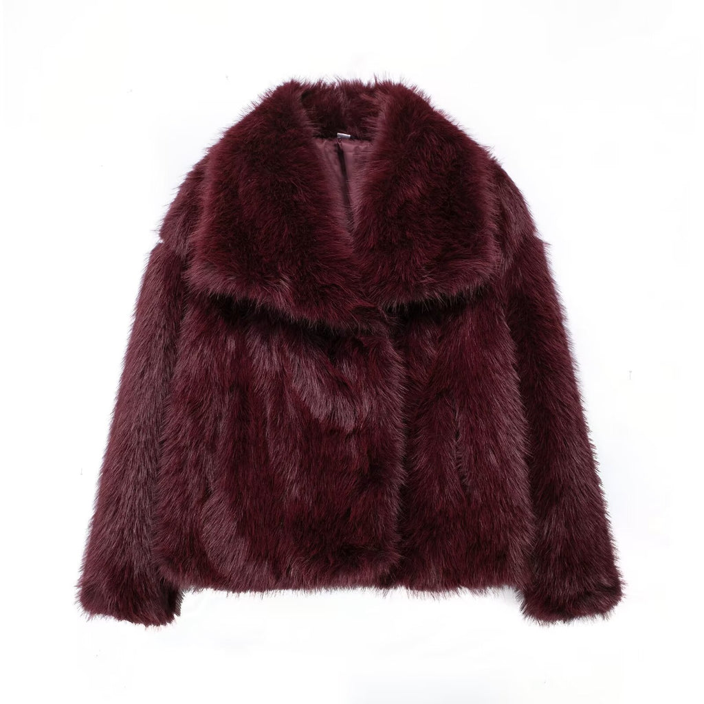 Oversized Lapel Faux Fur Cropped Coat - Wine_Red