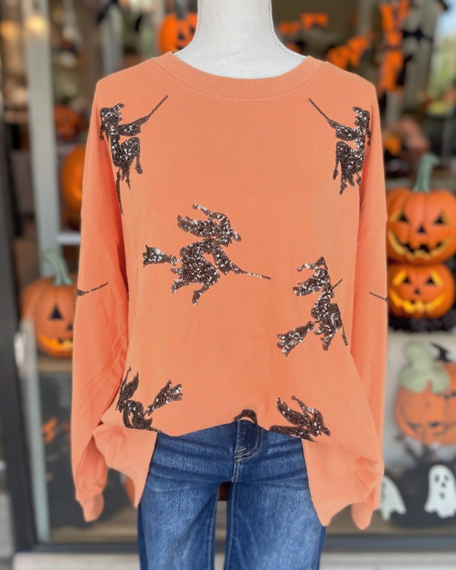 Sparkling Witch Motif Crewneck Sweatshirt - Orange