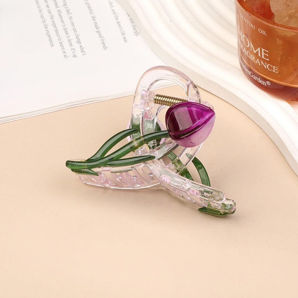 Tulip Flower Clear Hair Claw Clip - Deep_Purple
