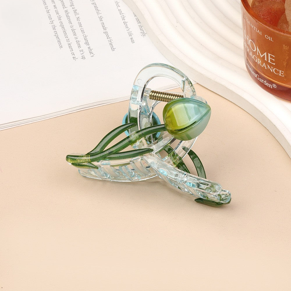 Tulip Flower Clear Hair Claw Clip - Green