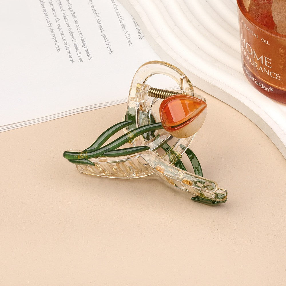 Tulip Flower Clear Hair Claw Clip - Orange