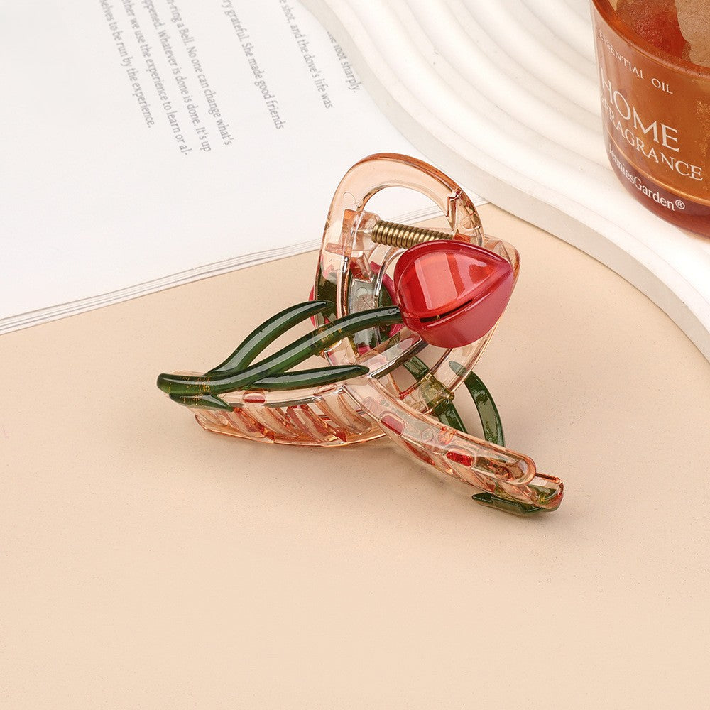 Tulip Flower Clear Hair Claw Clip - Red