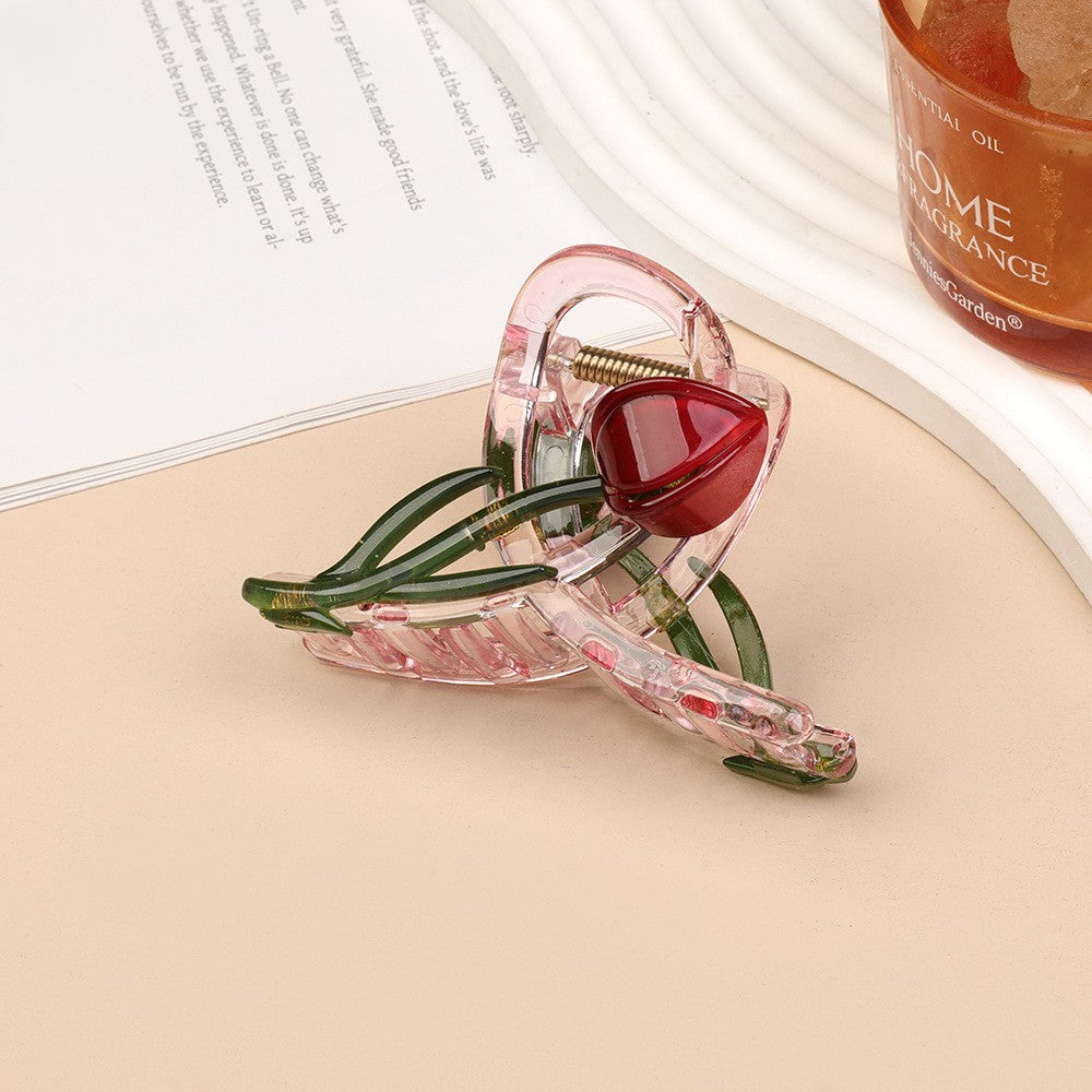Tulip Flower Clear Hair Claw Clip - Wine_Red