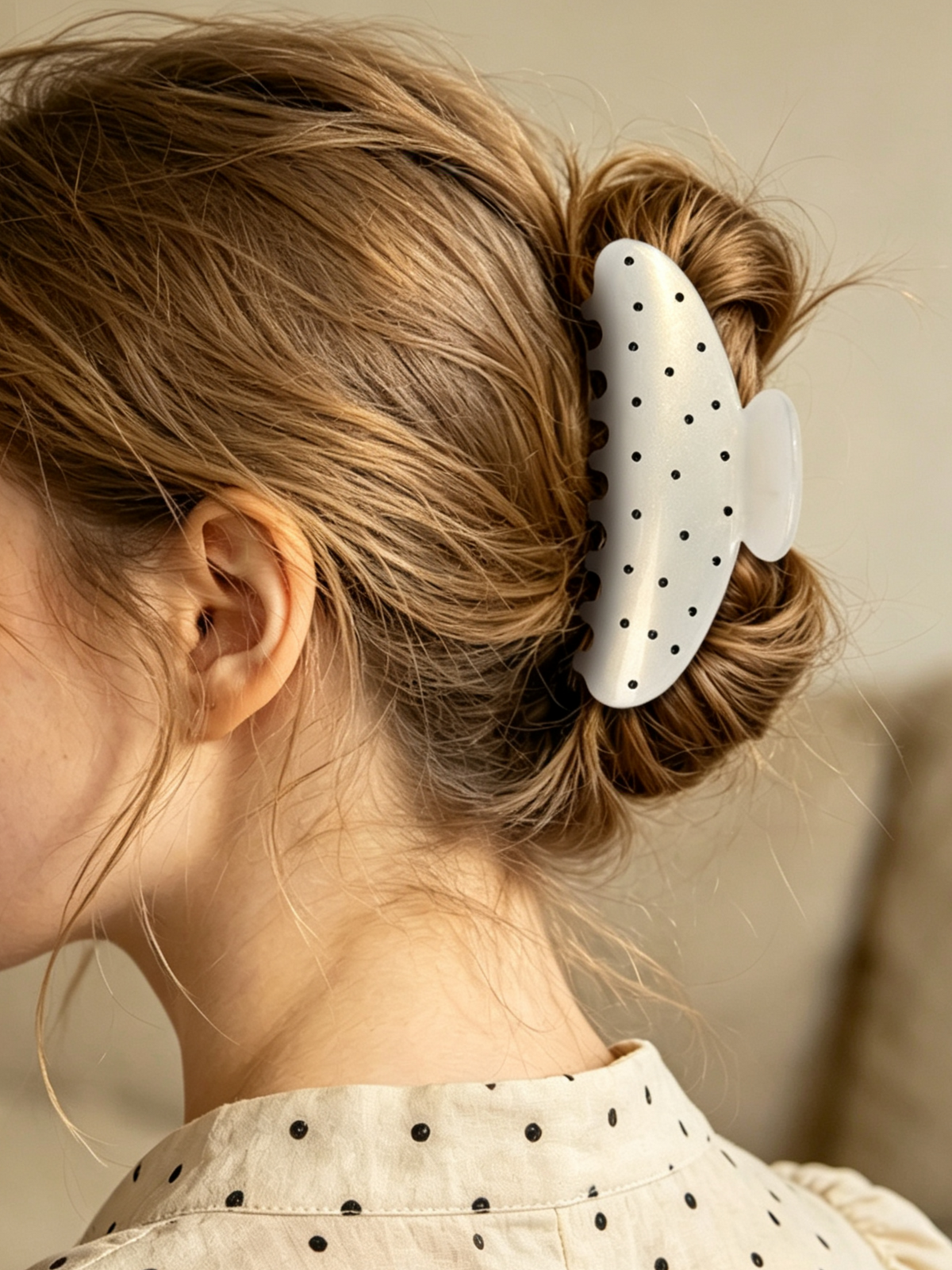 Glossy Dotted Oversized Hair Claw Clip - White - 1