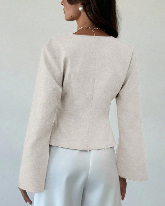 Cinched-Waist V-Neck Blouse with Flared Bell Sleeves - Apricot - 2