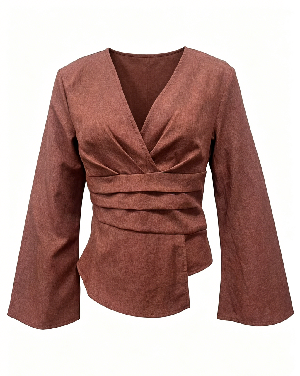 Cinched-Waist V-Neck Blouse with Flared Bell Sleeves - Brown