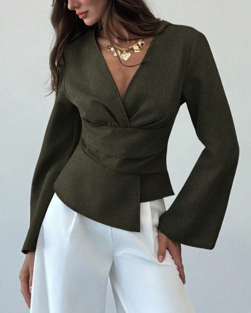 Cinched-Waist V-Neck Blouse with Flared Bell Sleeves - DkGreen