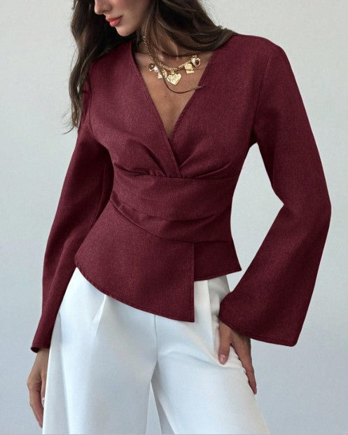 Cinched-Waist V-Neck Blouse with Flared Bell Sleeves - WineRed