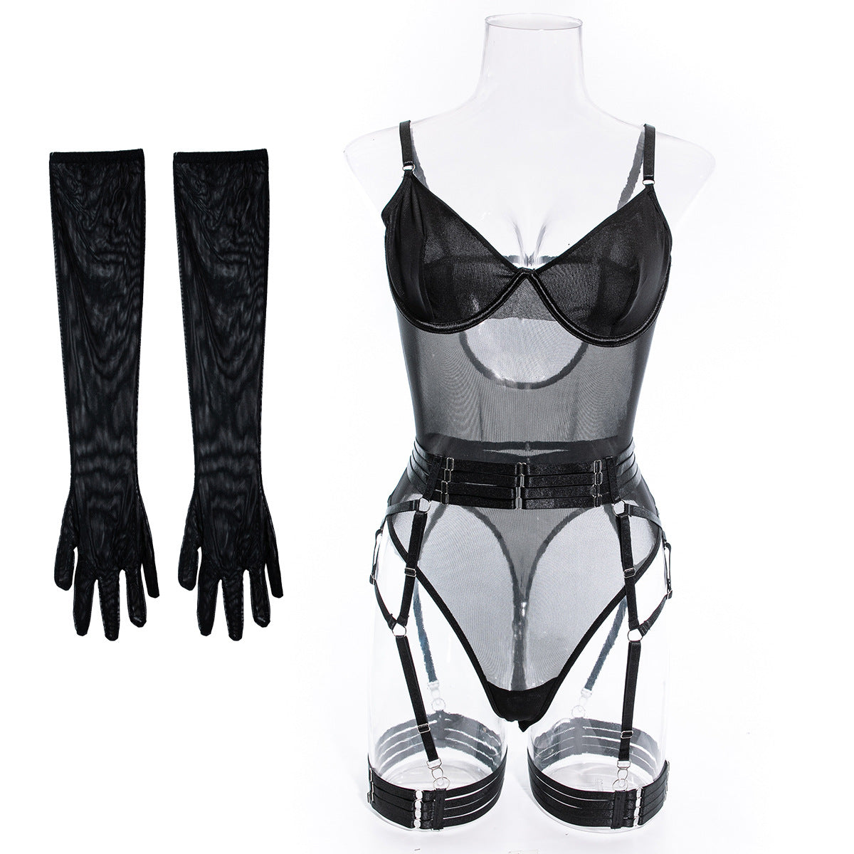 Mesh Bodysuit Glove And Garter Set - Black - 2
