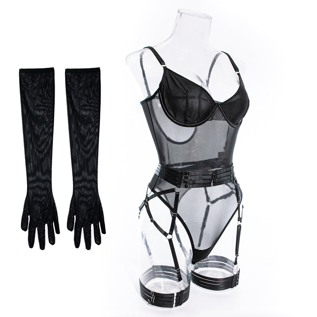 Mesh Bodysuit Glove And Garter Set - Black - 3