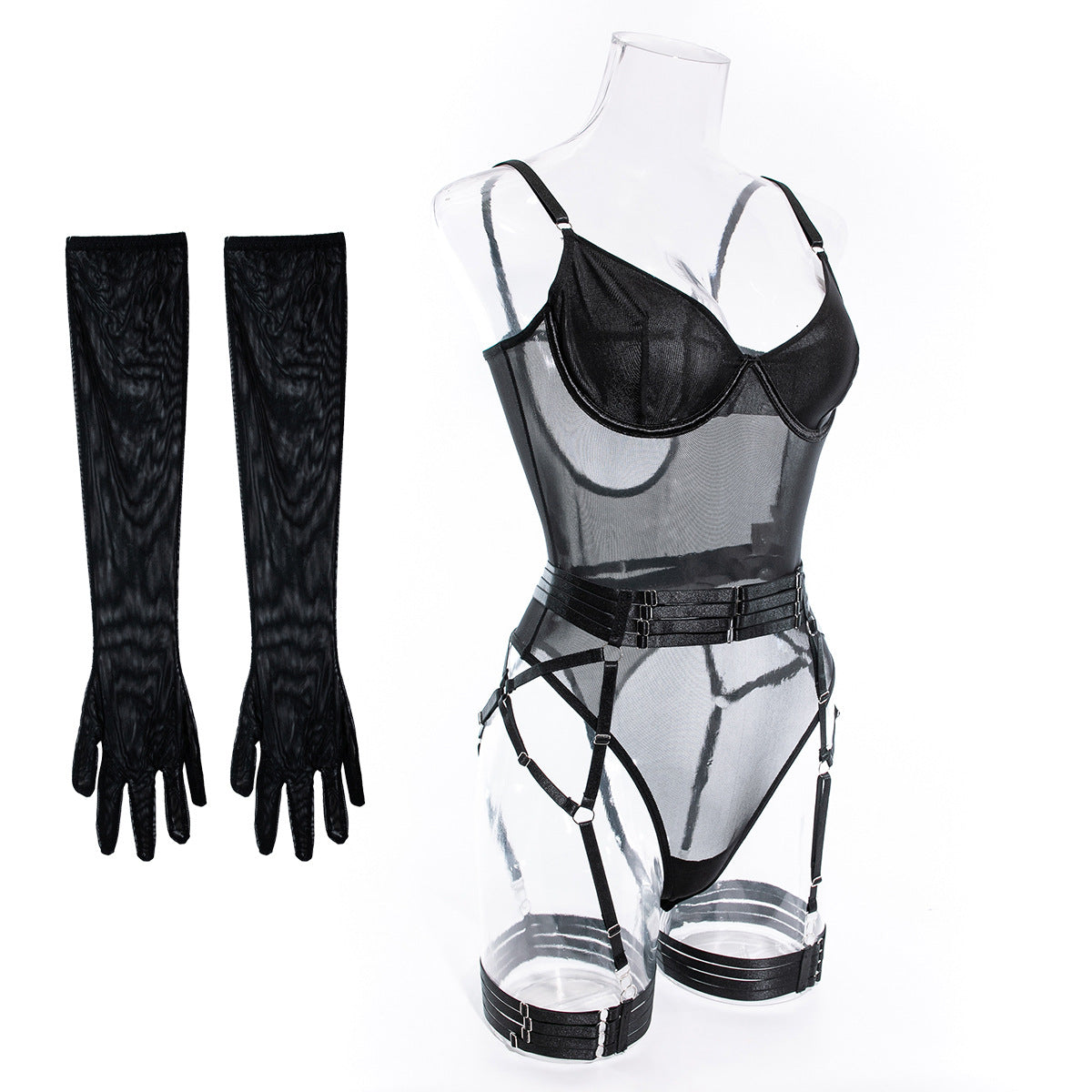 Mesh Bodysuit Glove And Garter Set - Black - 3