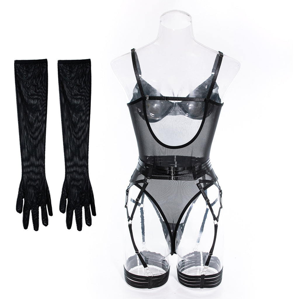 Mesh Bodysuit Glove And Garter Set - Black - 4