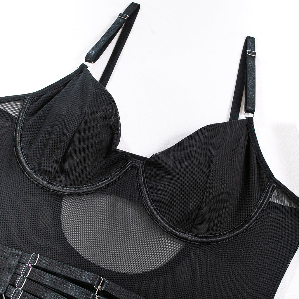 Mesh Bodysuit Glove And Garter Set - Black - 5