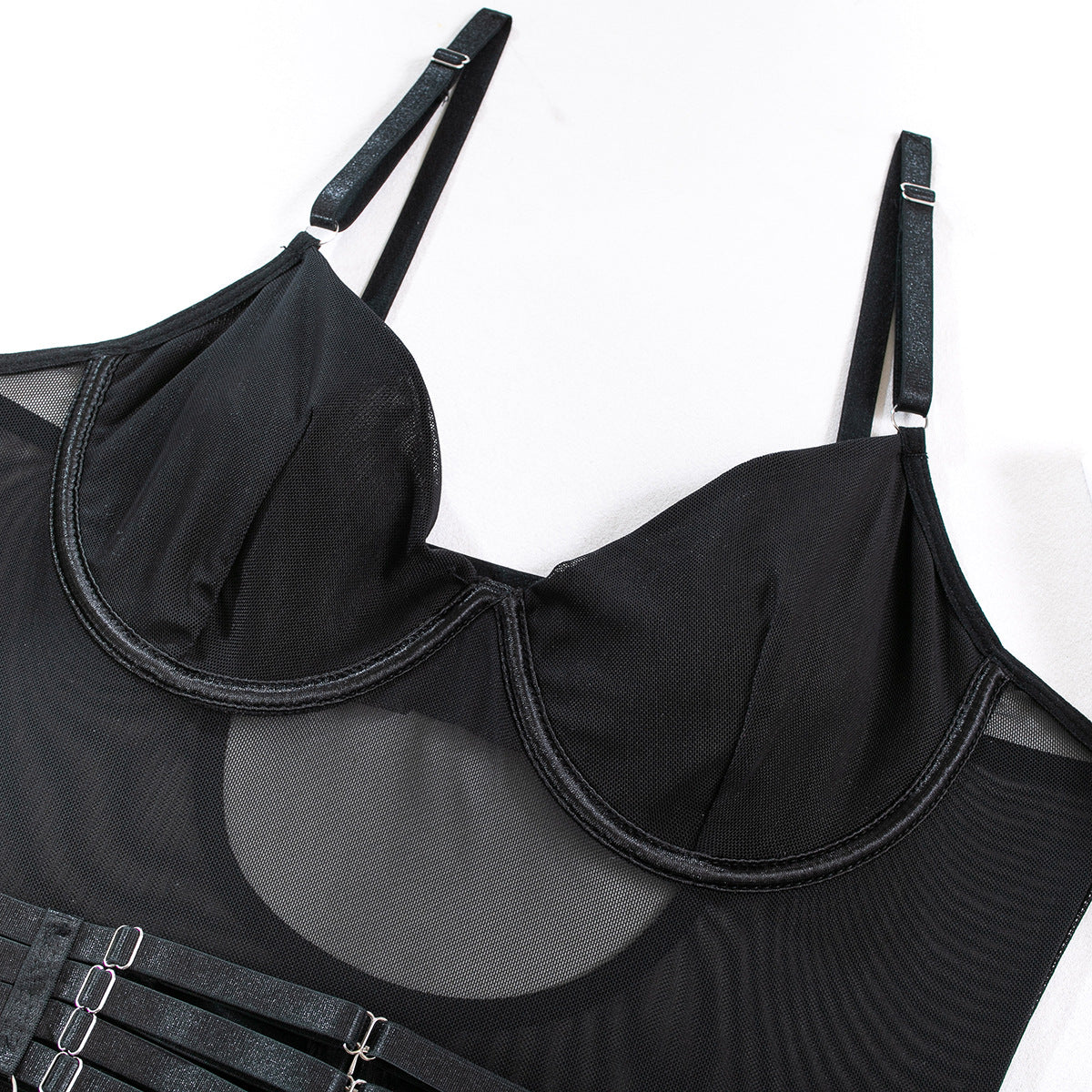Mesh Bodysuit Glove And Garter Set - Black - 5