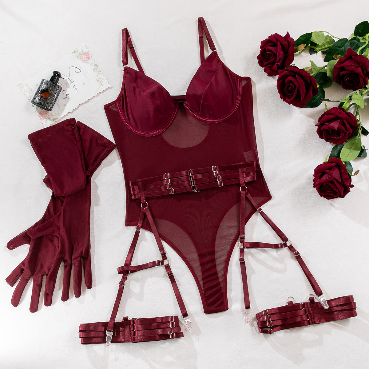 Mesh Bodysuit Glove And Garter Set - Burgundy