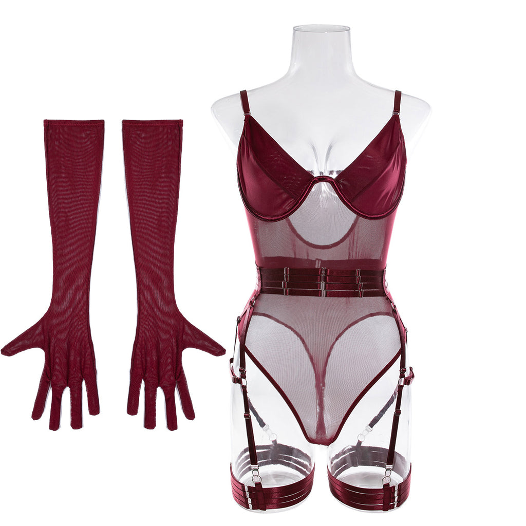 Mesh Bodysuit Glove And Garter Set - Burgundy - 1