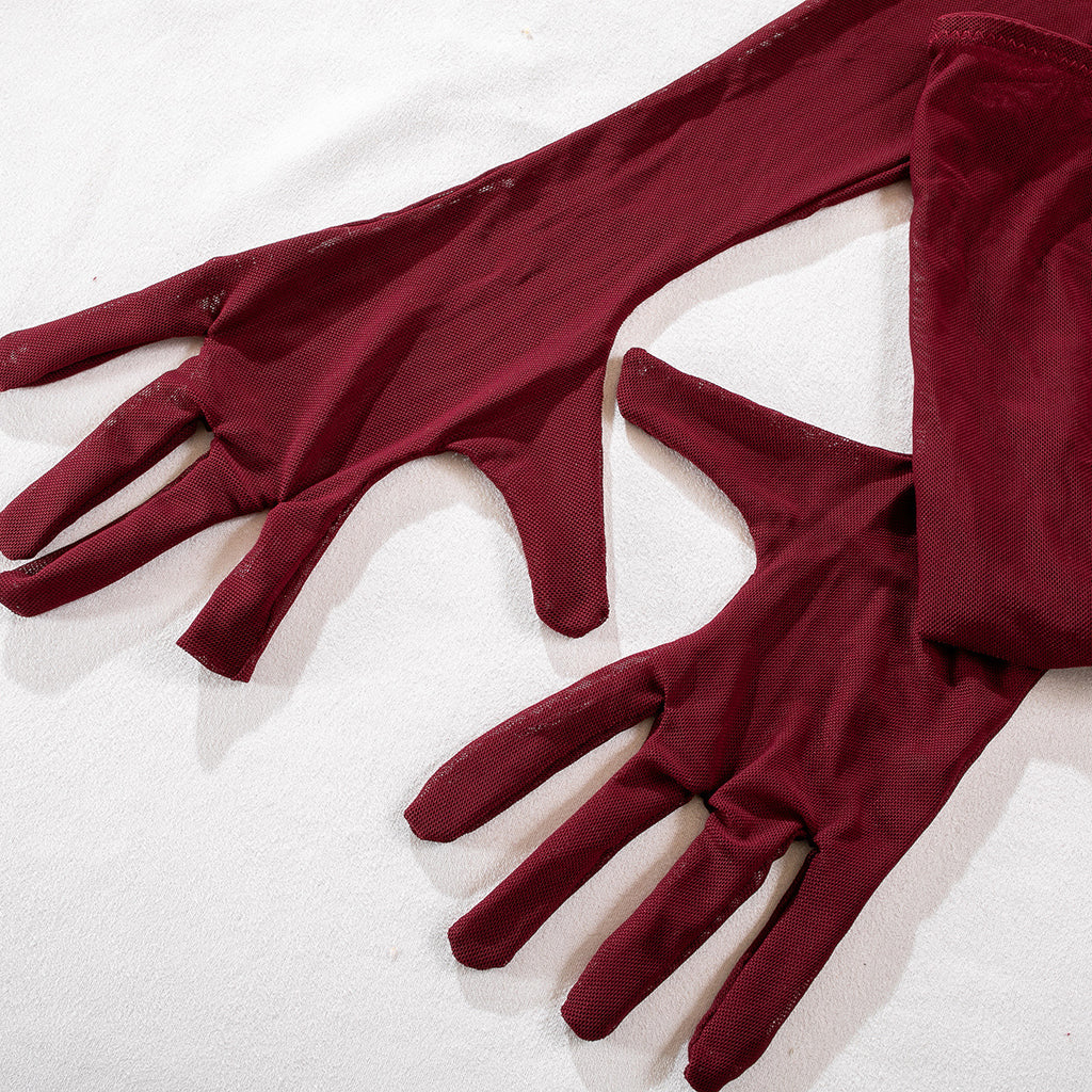 Mesh Bodysuit Glove And Garter Set - Burgundy - 11