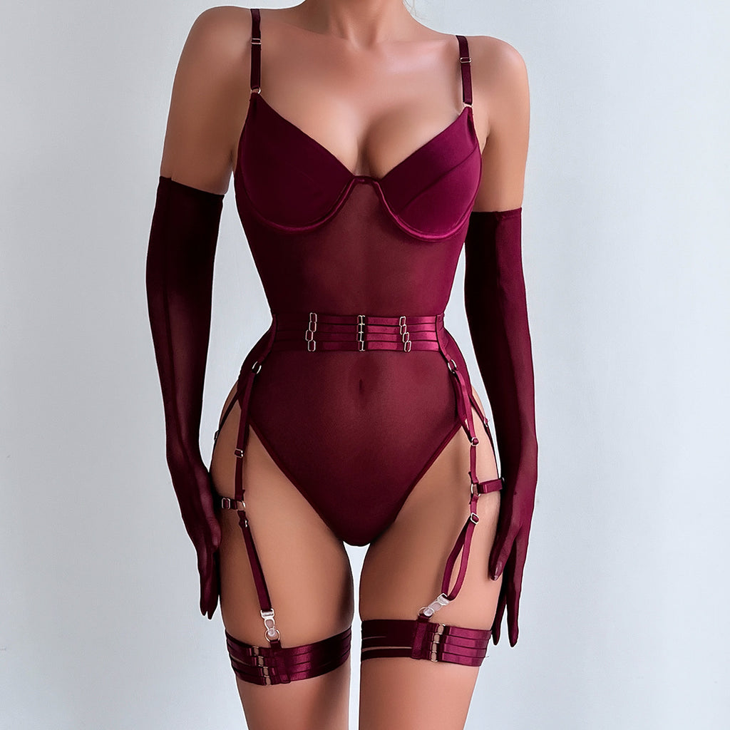 Mesh Bodysuit Glove And Garter Set - Burgundy - 12