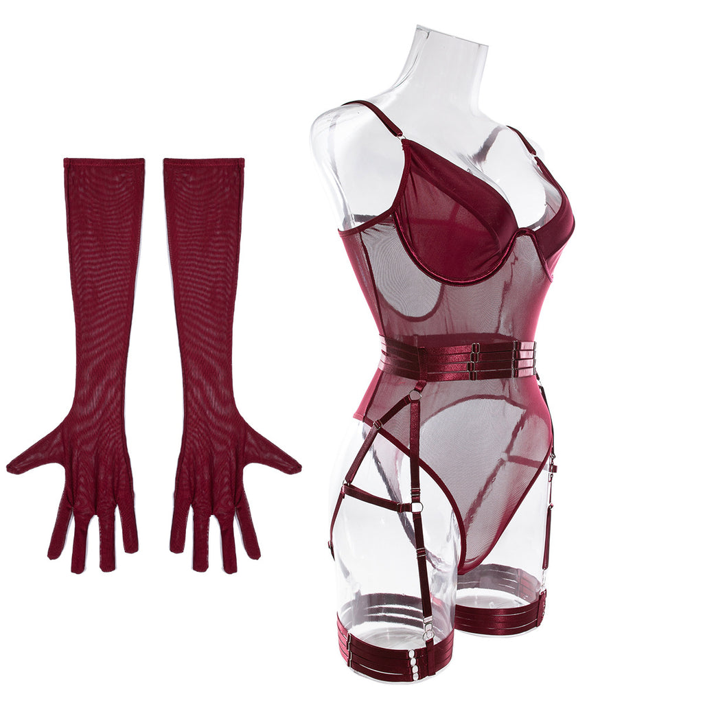 Mesh Bodysuit Glove And Garter Set - Burgundy - 2