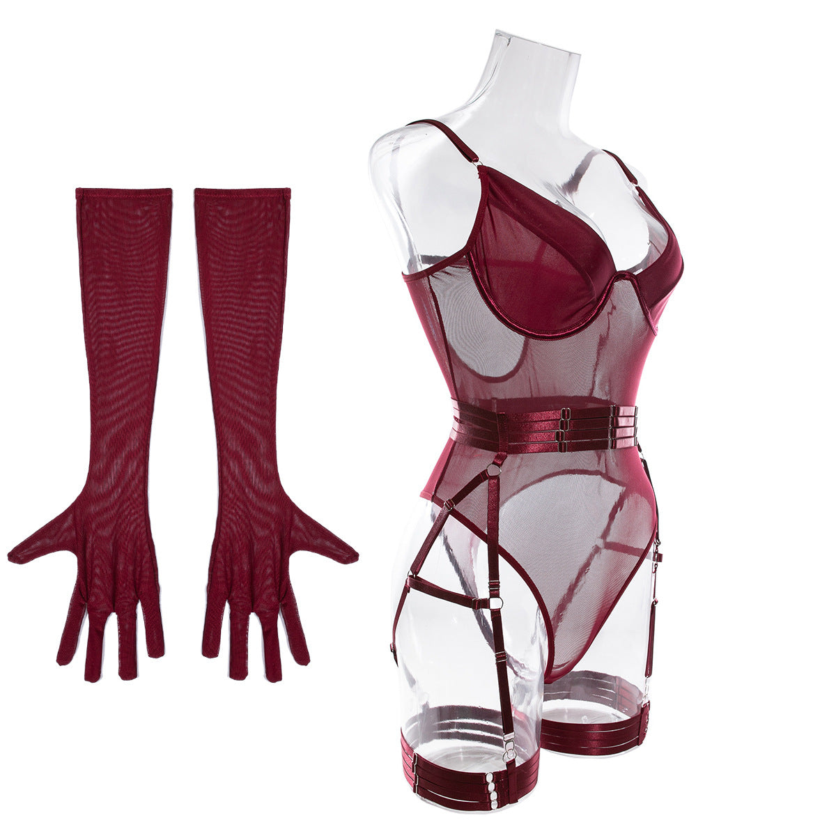 Mesh Bodysuit Glove And Garter Set - Burgundy - 2