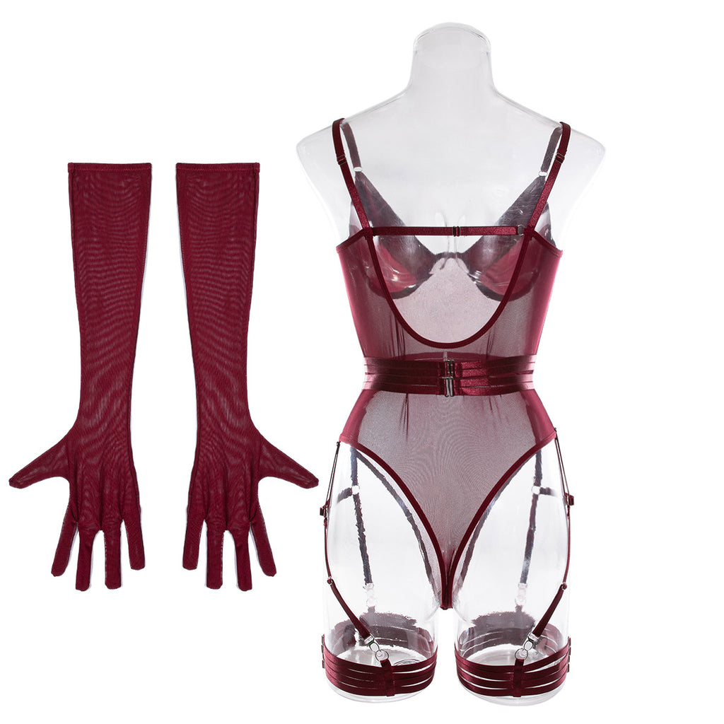 Mesh Bodysuit Glove And Garter Set - Burgundy - 3