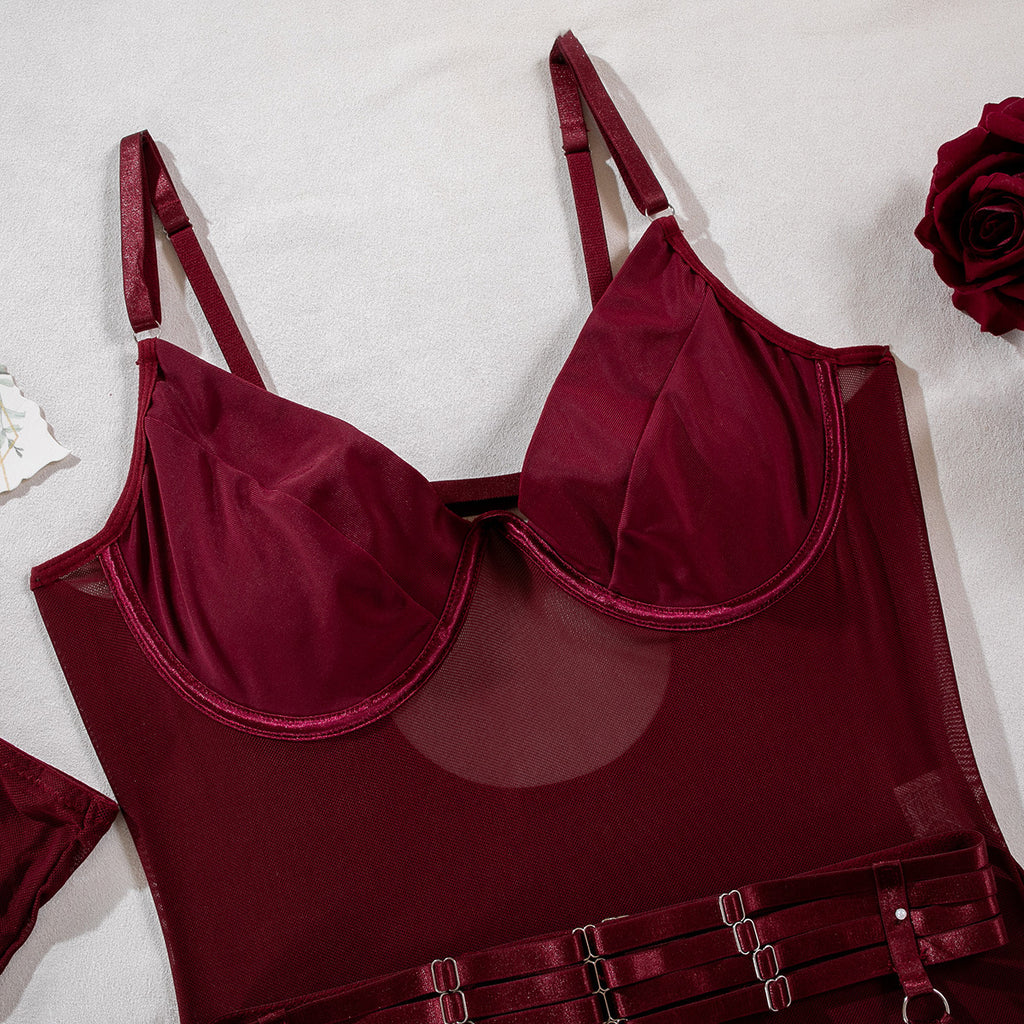 Mesh Bodysuit Glove And Garter Set - Burgundy - 4